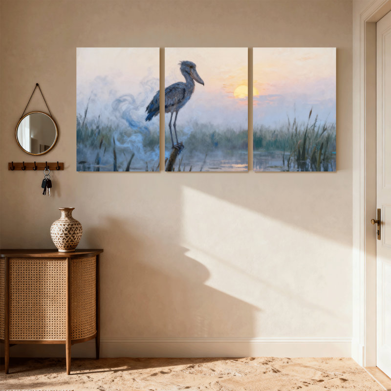 Oiseaux, cigogne, debout sur une bûche au lever du soleil, ensemble de 3 impressions sur toile, H 30 po x l 60 po