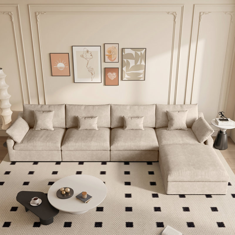Slipcovered Upholstered Modular Sofa With Ottoman, 29.53" H x 155.9" W x 77.95" D, Khaki