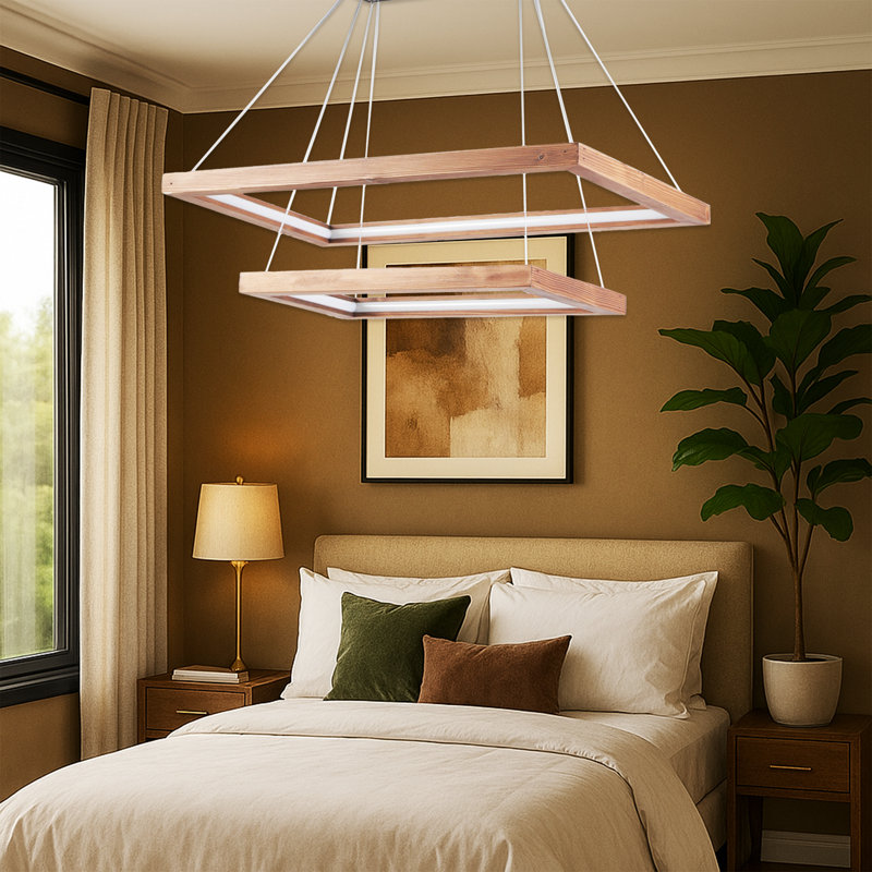 2 Tiers Rectangle 3 Variable Color LED Chandelier, Oak