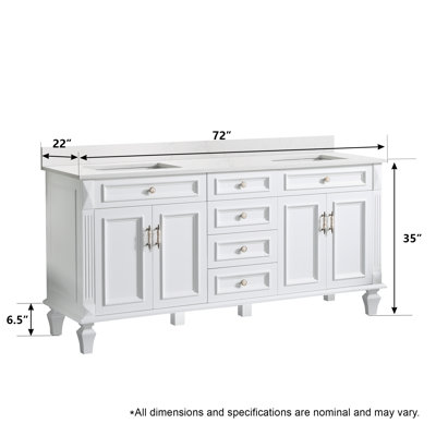 72'' W X35'' H Freestanding Solid Wood Bath Vanity with Stain-resistant Carrera White Quartz Top and Double Sink,White