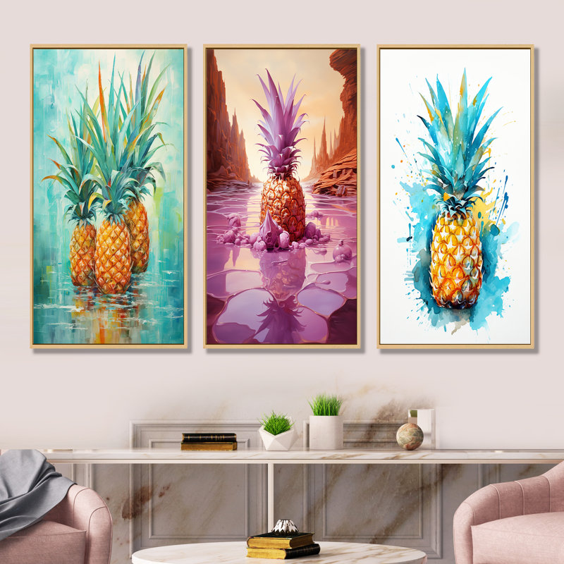 «Exotic Pineapple Oasis», ensemble de 3 reproductions d'art mural ananas, H 40 po x l 60 po, Cadre flottant brun