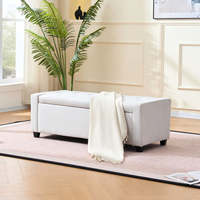 Rangement pour salon et vestibule de 48 pouces, revêtement en faux lin beige, avec accoudoirs carrés, conception américaine, siège mi-moelleux, capitonnage à boutons, coutures en losange, structure en bois, pieds en bois d'hévéa