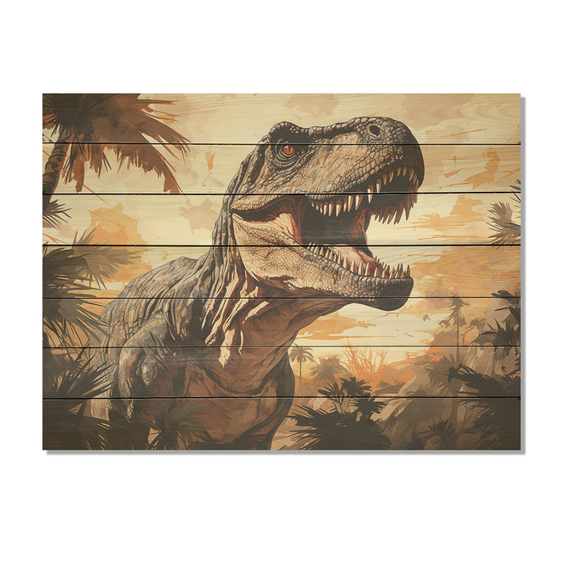 Vintage Jurassic Trex Portrait I - Dinosaur On Wood Print, 10" H x 20" W x 0.78" D