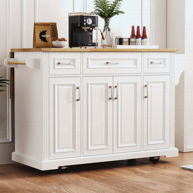 54inch Large Kitchen Island with Rubber Wood Drop Leaf, Embossed Texture Rolling Kitchen Cart on 4 Wheels with 4 Doors and 3 Drawers, Kitchen Island with Storage for Kitchen, Dining Room,White