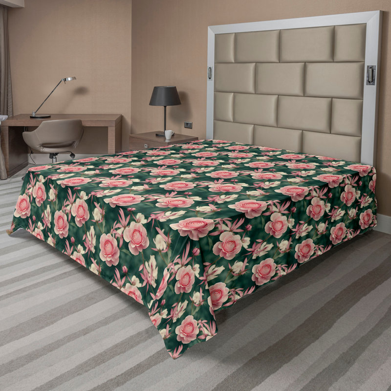 Drap plat Ambesonne Spring Roses of Garden, Drap plat pour très grand lit californien