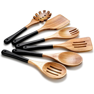 6-Piece Acacia Wooden Kitchen Utensil Set, Non-Scratch & Heat-Resistant Cooking Spoons, Spatulas, And Forks With Smooth Grip And Hanging Holes