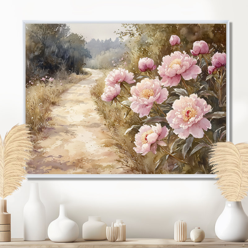 Pivoines le long de l'allée de la ferme II - impressions sur toile surdimensionnées florales, H 34 po x l 44 po, Blanc