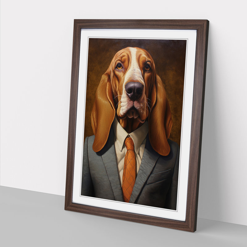 Basset Hound in a Suit Painting - Framed Print, 64cm H x 46cm W, Walnut Framed
