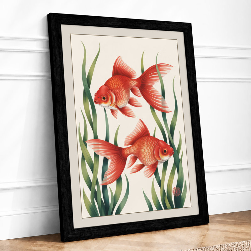 Goldfish Among Aquatic Plants Botanical - Framed Print, A3 - 42.0 x 29.7 cm, Black