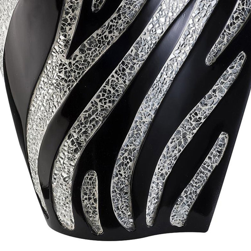 14" Polyresin Decorative Vase - Black Finish with Silver Zebra Pattern