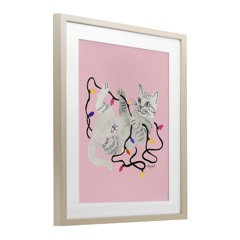 Chat avec lumières de Noël, reproduction encadrée sous verre, conception de Hillary Holt, H 16 po x l 13 po