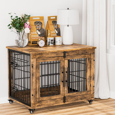 Mobilier de caisse pour chien Dyako, table de bout latérale, chenil Mordern, cage pour chien en bois robuste, niche pour chien, table de bout intérieure, table de chevet, avec coussin et roues, double porte, clôture en fer de 3 mm à 5 mm (dia)
