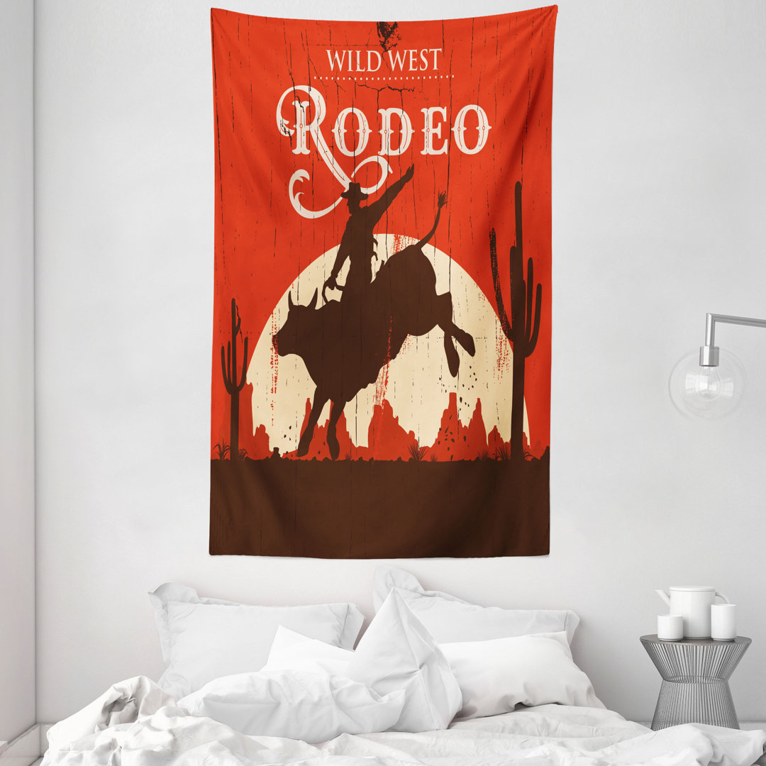 Wandteppich, Rodeo-Cowboy reitet Bull, Jahrgang, Orange Braun