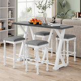 Mid-Century Counter Height 5-Piece Dining Set, Wood Console Table With Trestle Legs And 4 Stools For Small Places