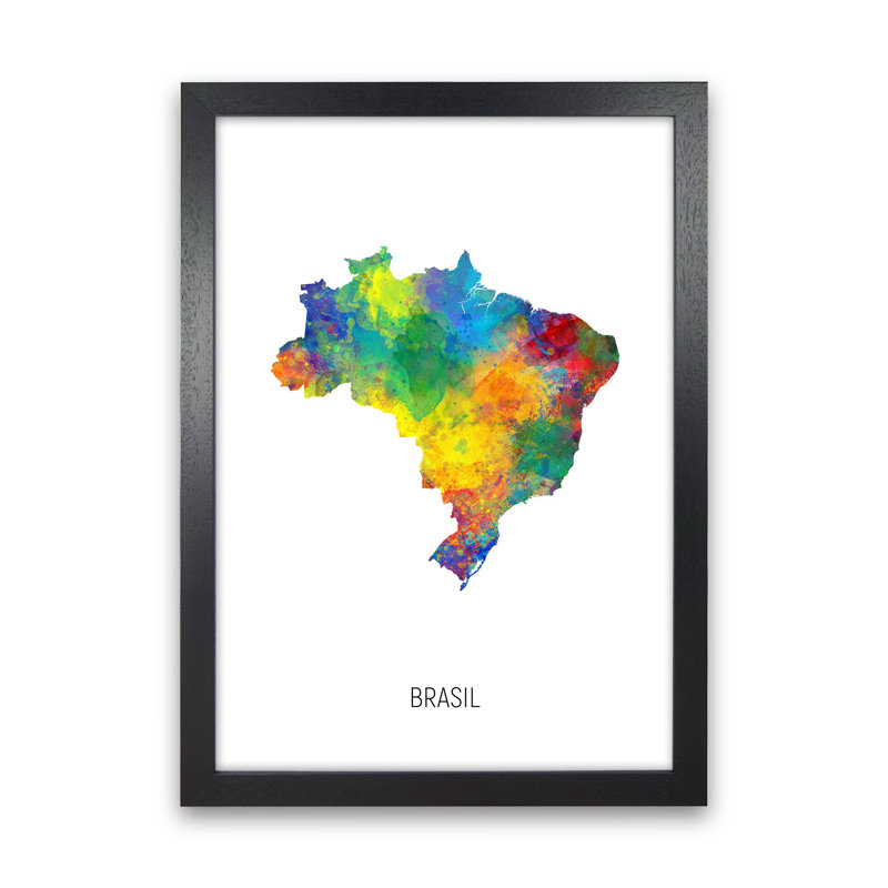 Brasil Watercolour Map by Michael Tompsett - Print, Black Framed, 63cm H x 46cm W x 3cm D