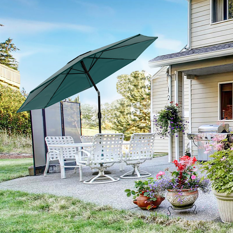 Green 10-Foot Solar LED Patio Umbrella with Bronze Pole