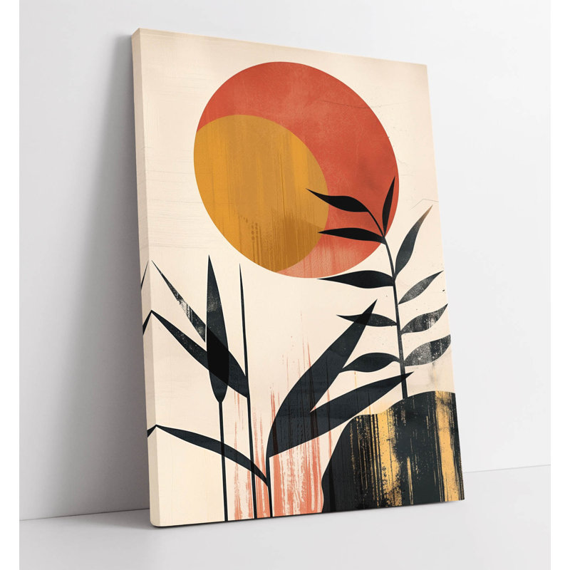 Boho minimalist sun with bamboo foliage Canvas Wall Art Print Picture, 91.44cm H x 60.96cm W