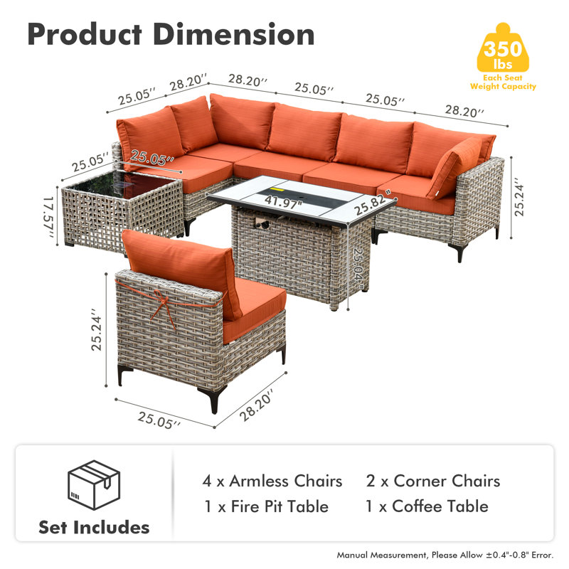 Ensemble de conversation modulaire extérieur réversible pour 6 personnes Emroy, Orange-rouge