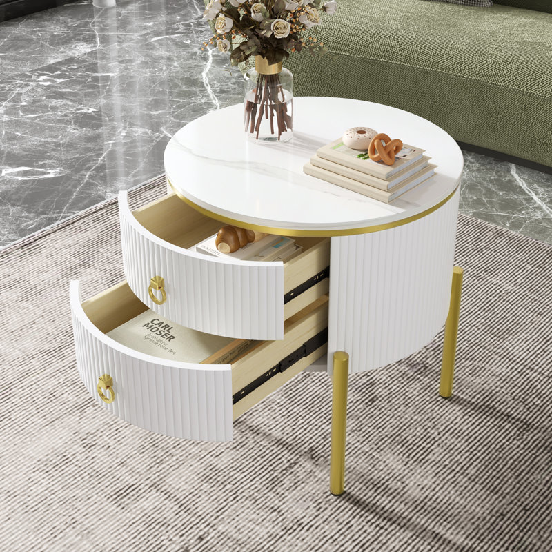 Elegant Round Side Table with Fluted Drawers & Gold Legs