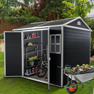Abri de jardin extérieur en résine 8 po x 4 pi avec plancher et 2 fenêtres, abri de rangement extérieur en plastique avec porte verrouillable pour outils de jardin, vélos, poubelles, noir 