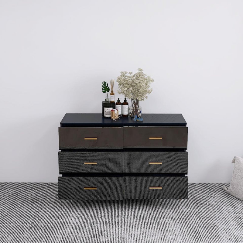 Commode 6 tiroirs avec poignée dorée et pieds en acier doré, Noir, noir, noir, noir