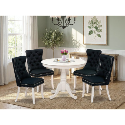 5 Piece Kitchen Table Set Includes a Round Dining Table with Pedestal and 4 Upholstered Chairs, Antique Walnut