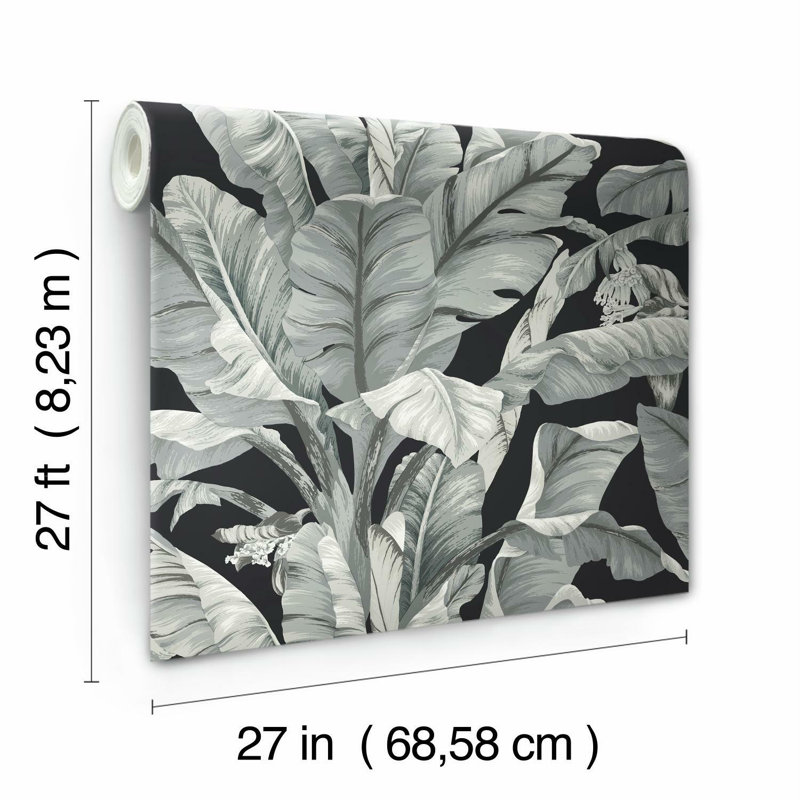 Rouleau de papier peint à motif de feuilles de bananier L 27 pi x l 27 po, Noir et blanc