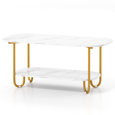 Hommoo Modern 2-Tier Faux Marble Coffee Table with Metal Frame, Stylish Living Room Accent Table with Adjustable Feet & Waterproof Surface, White