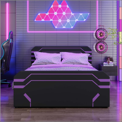 Lit de jeu rembourré avec système de rangement hydraulique à levage latéral, lit plateforme de style Cyberpunk avec motif futuriste pour les joueurs et la génération Z