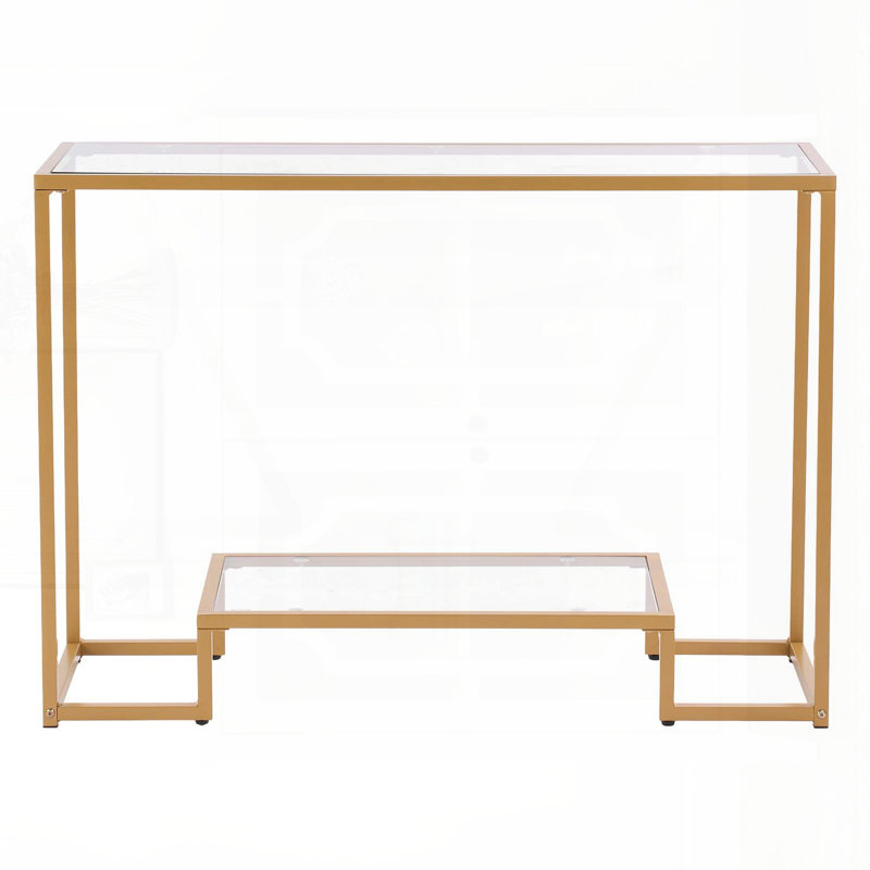 Console à 2 niveaux en verre avec plateau en verre trempé et structure en fer doré