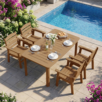 5 Piece Outdoor HDPE Dining Set, All-Weather Patio Table and Chairs W/ Umbrella Hole, Low Maintenance for Porch, Backyard