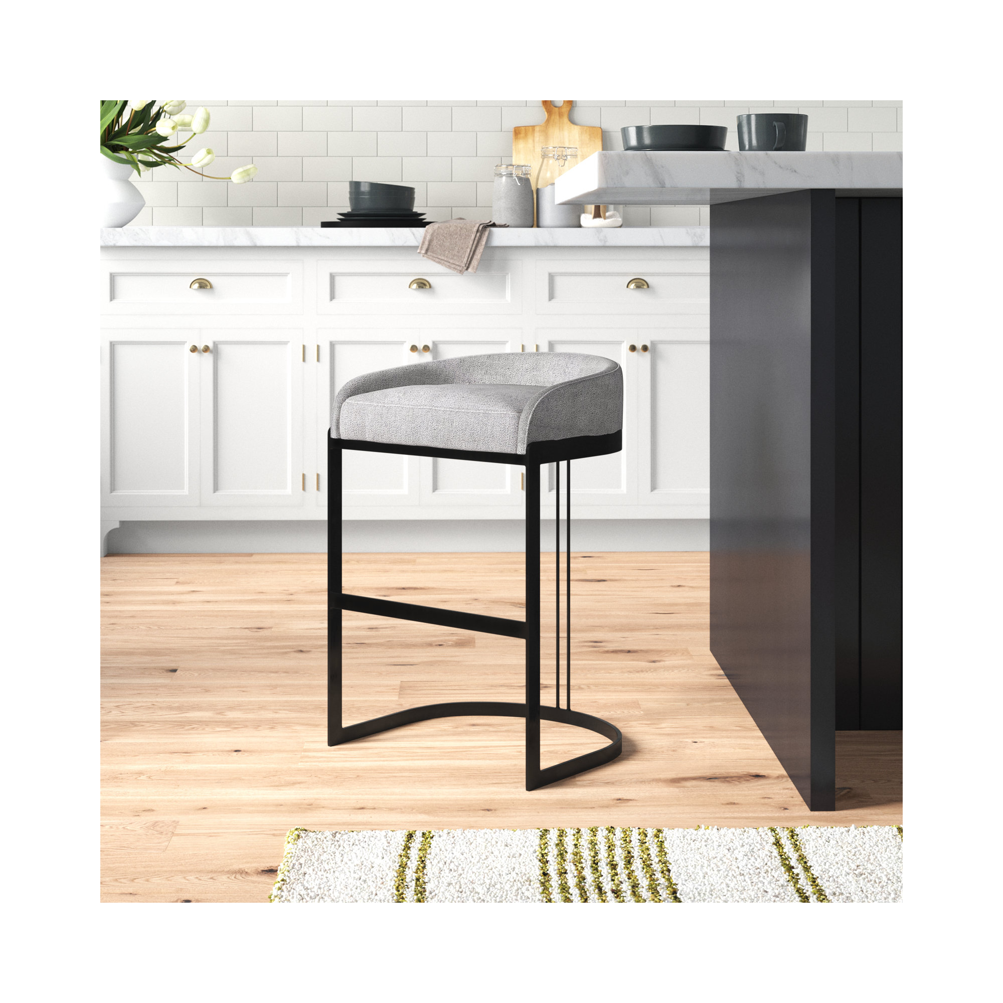 Bradley Upholstered Bar & Counter Stool, Bar Stool (28.75" Seat Height), Light Grey Performance, Black