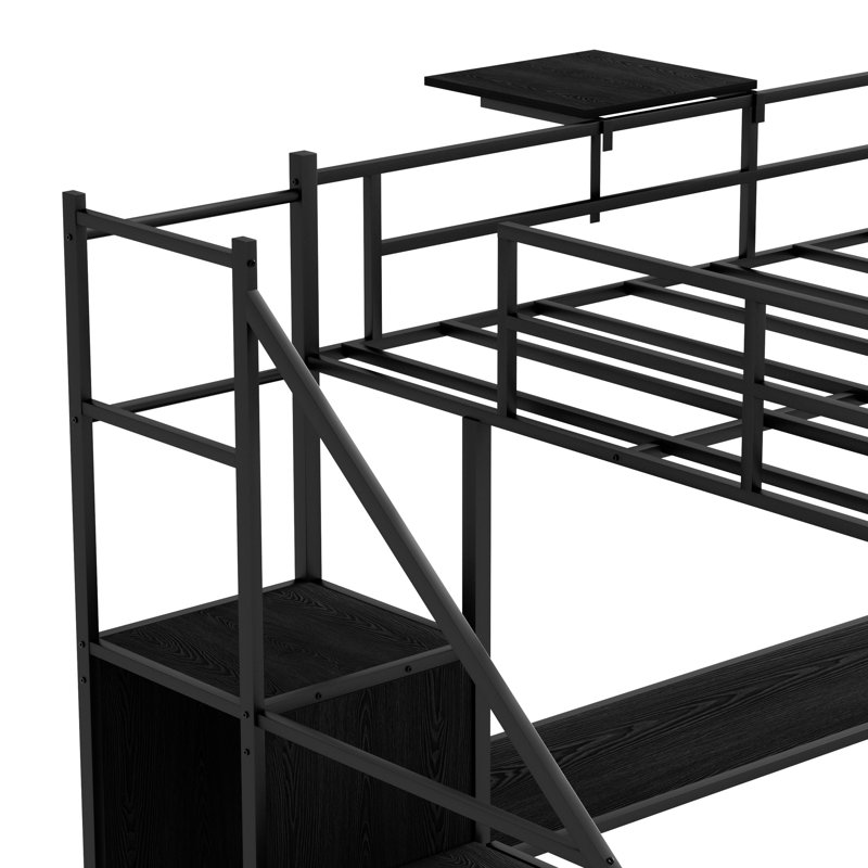 Lit mezzanine double en métal avec bureau en forme de L, lumières à DEL et garde-robe - station de recharge pour optimiser l'espace, pièce robuste