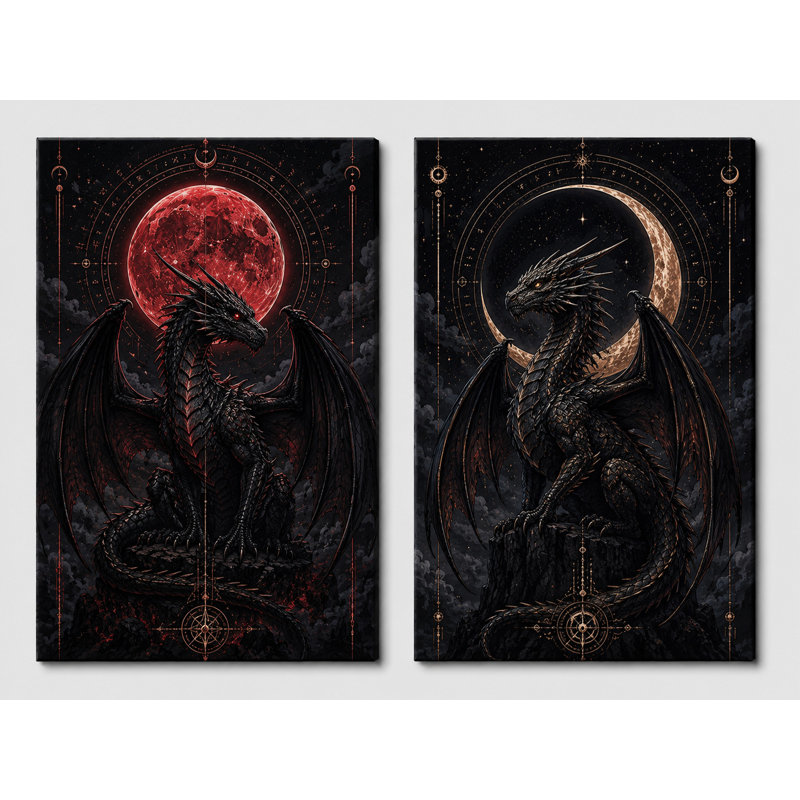 Très grand ensemble de 2 impressions d'art sur toile de la lune noire Dragon