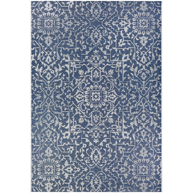Kraatz Floral Navy Blue Ivory Indoor Outdoor Area Rug, Rectangle 2' x 3'7"