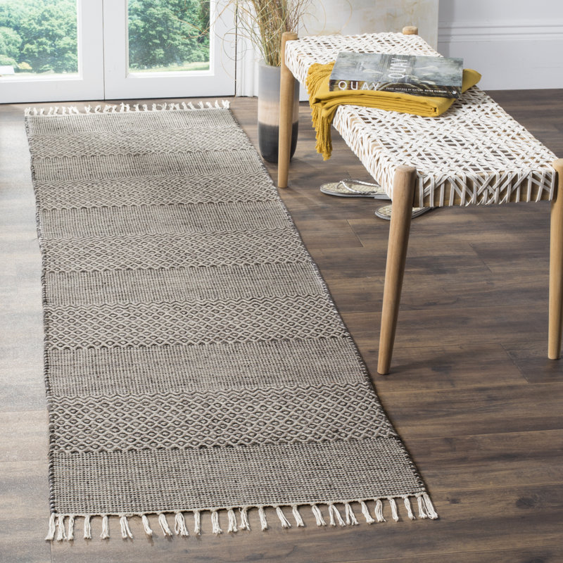 Tapis rayé ivoire / anthracite en coton tissé à plat à la main Bester, Tapis de couloir 2 pi 3 po x 10 pi