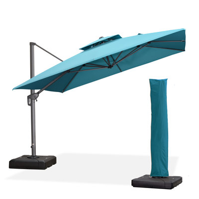 Parasol en porte-à-faux carré 11 'avec base et housse de parasol avec fermeture à glissière 11', turquoise