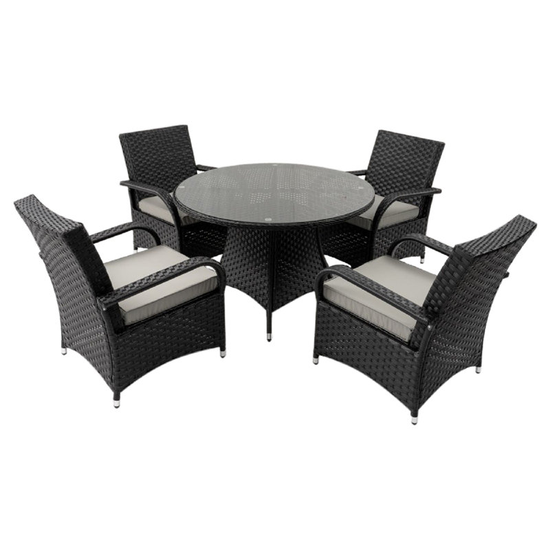 Baldwyn 4 - Person Patio Dining Set with Round Table , Cushions Included, Black