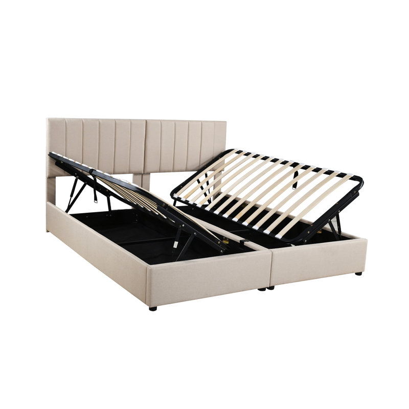 Lit très grand avec rangement hydraulique et tête de lit tapissier beige