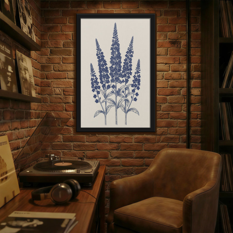 Plantes et fleurs, motif floral bleu sur toile crème