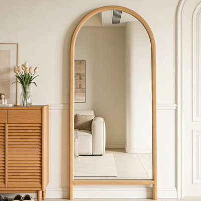 Natural Pine Wood Arch Full-Length Mirror - Elegant Wall-Leaning Or Wall-Mounted Design