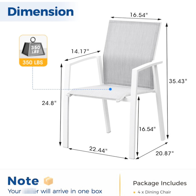 4 chaises de salle à manger d'extérieur en aluminium blanc, entièrement assemblées, mailles respirantes, empilables, capacité de poids de 360 lb, conception ergonomique, idéales pour recevoir 4 personnes, assemblées avec un confort empilable,