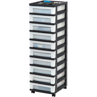 Plastic Drawer Storage Organizer Rolling Cart, With Wheels Casters, 10-Drawers, For Classroom Art Craft Supplies Dresser Closet Bathroom Laundry Room, Black/Pearl