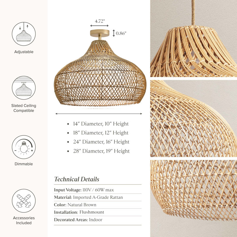Plafonnier encastré en rotin et en dôme naturel 1 lumière Kloe Rattan, H 10 po x l 14 po x P 14 po