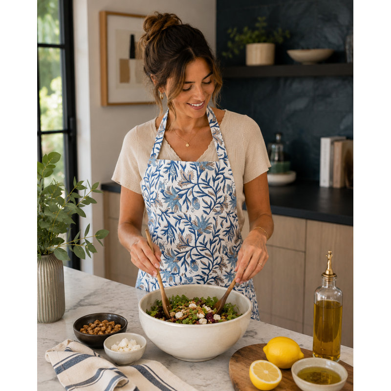 Tablier de cuisine en coton imprimé à la main - Ceinture de cou réglable