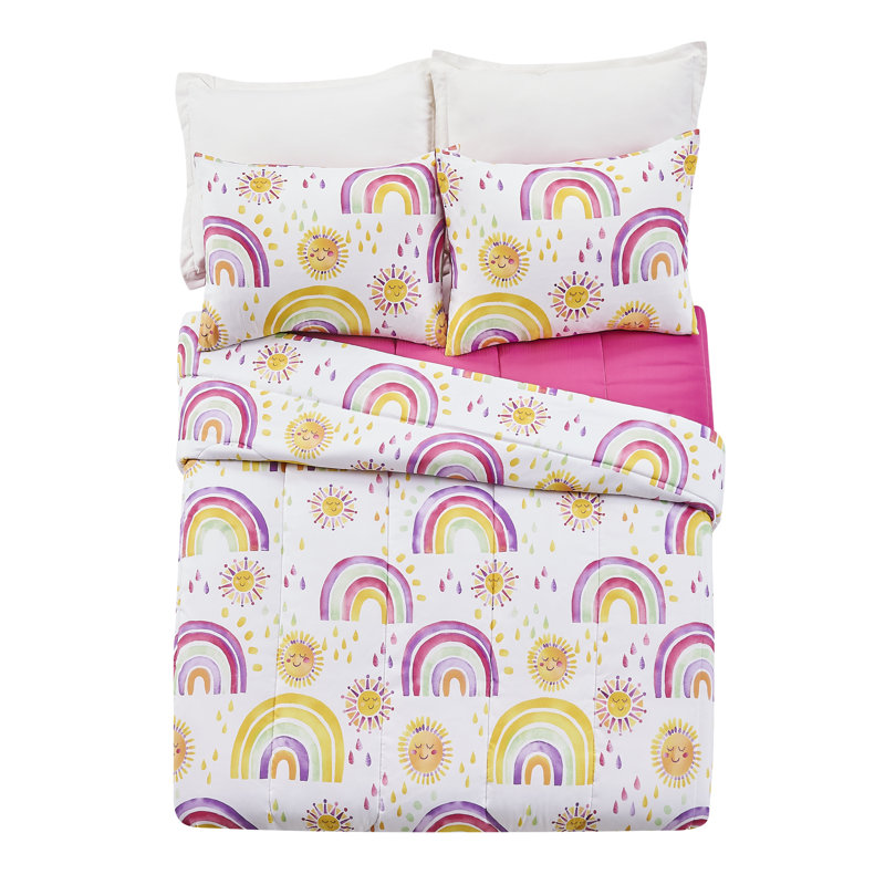 Rainbow & Suns Pink Reversible Microfiber Comforter Set, Full/Queen Comforter + 2 Shams