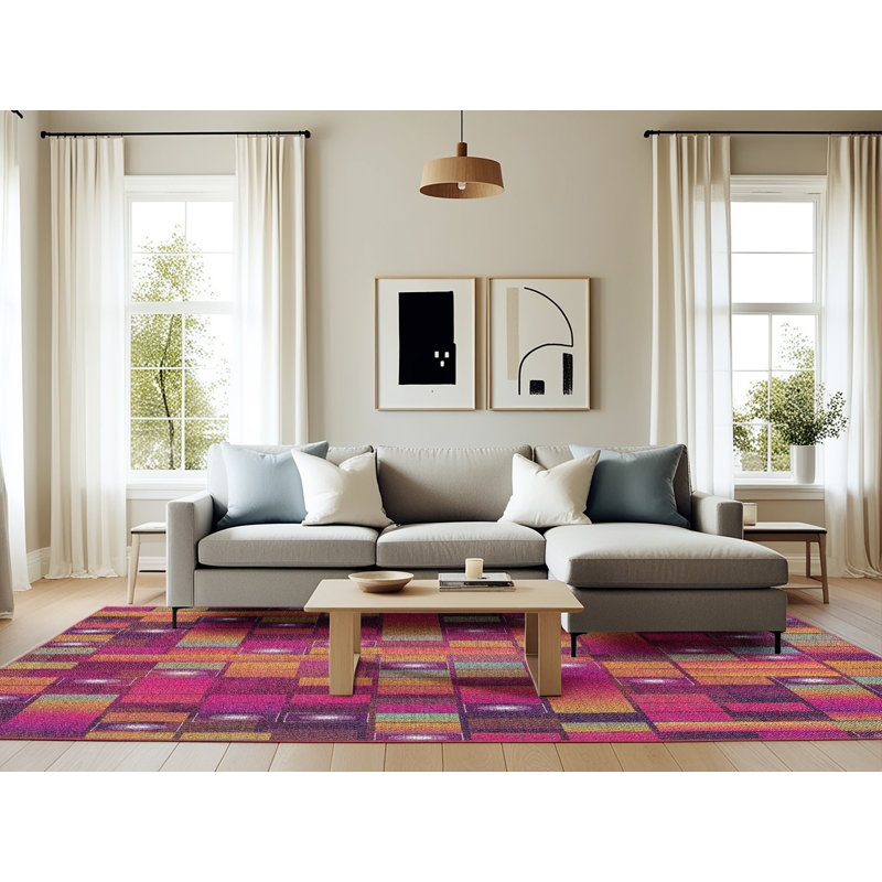 Tapis rose/rouge à motifs, Rectangle 6 pi x 9 pi