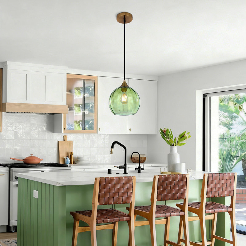 1-Light Single Glass Pendant Light Globe Adjustable Height for Kitchen Island Dining Room, Brushed Brass, Green, 1 Pack