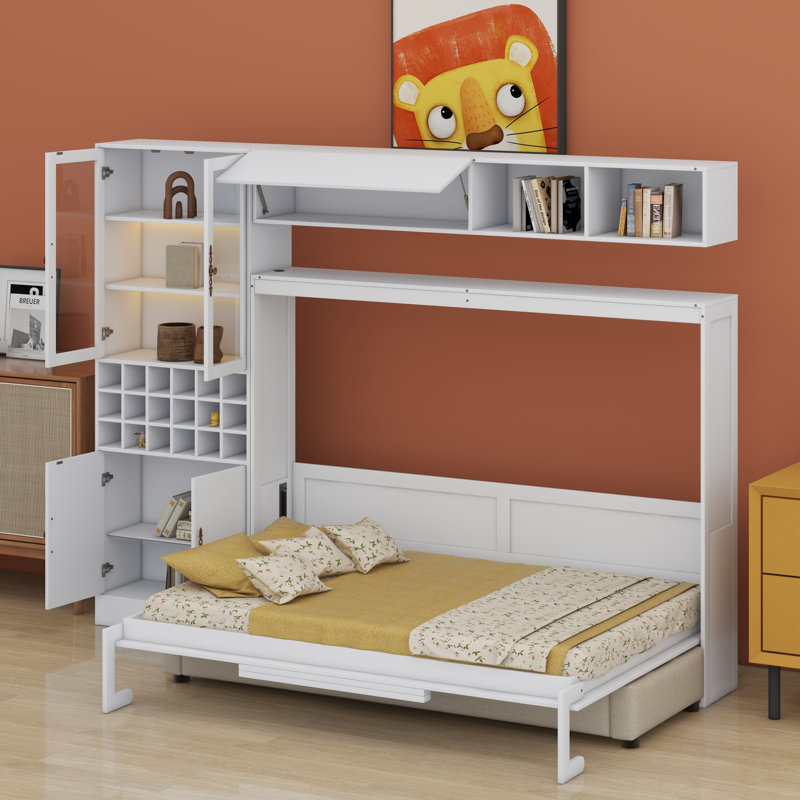Lit escamotable mural avec canapé, tablettes USB et lumière Murphy, Blanc