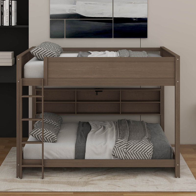 Queen Over Queen Bunk Bed With Cabinets And USB Ports, Antique Wood